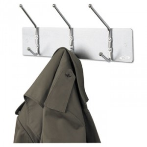Metal Wall Rack, Three Ball-Tipped Double-Hooks, 18w x 3-3/4d x 7h, Satin Metal