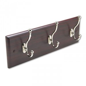 Wood Wall Rack, Three Double-Hooks, 18w x 3-1/4d x 6-3/4h, Mahogany