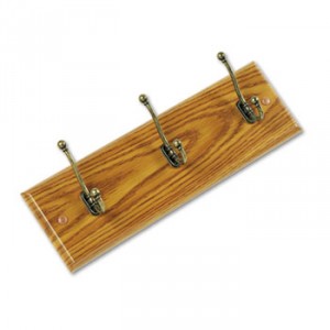 Wood Wall Rack, Three Double-Hooks, 18w x 3-1/4d x 6-3/4h, Medium Oak