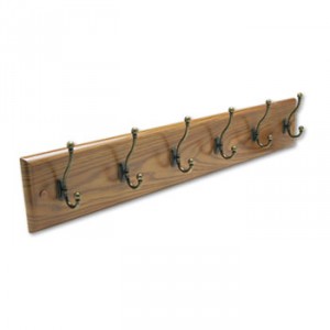Wood Wall Rack, Six Double-Hooks, 35-1/2w x 3-1/4d x 6-3/4h, Medium Oak