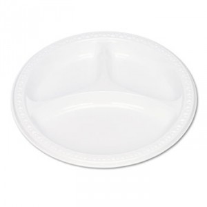 Plastic Dinnerware, Compartment Plates, 9" dia, White, 125/Pack