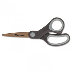 Office Scissors, 7" Straight, Titanium Coated Blades, Pointed Tip, Black/Green