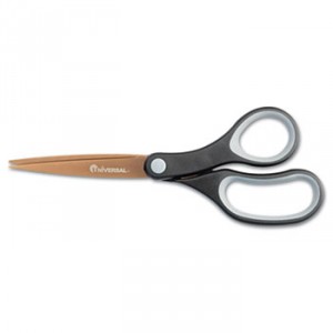 Office Scissors, 8" Straight, Titanium Coated Blades, Pointed Tip, Black/Green