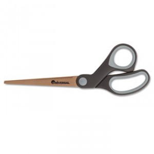 Office Scissors, 8" Bent, Titanium Coated Blades, Pointed Tip, Black/Green